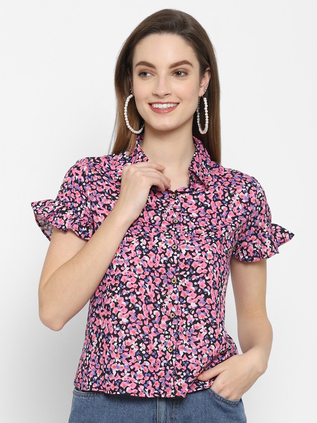 

VALBONE Women Pink And Blue Floral Print Shirt Style Top