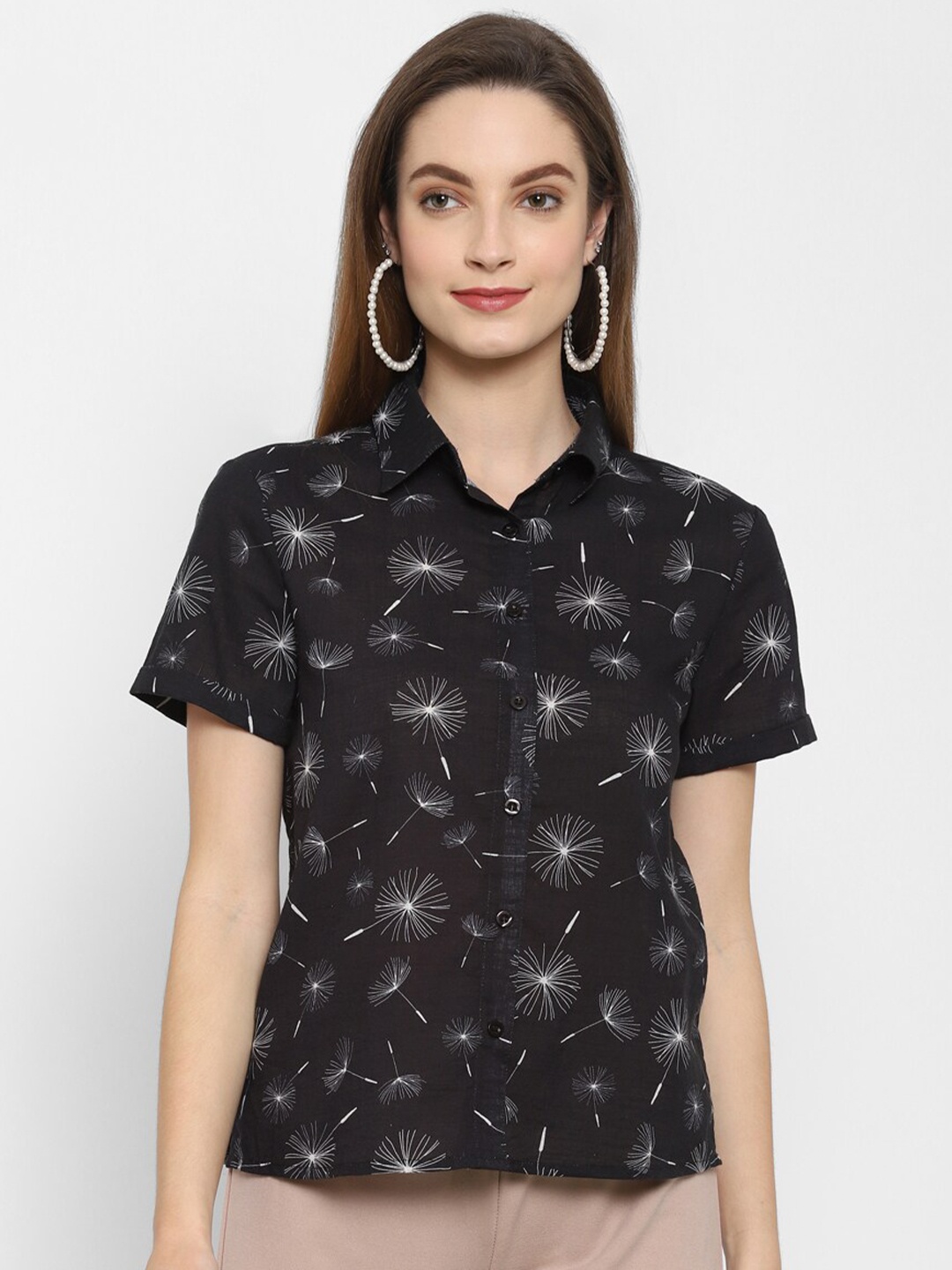 

VALBONE Women Black Floral Print Pure Cotton Shirt Style Top