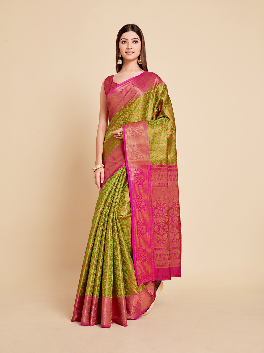 

MIMOSA Lime Green & Pink Paisley Zari Art Silk Kanjeevaram Saree