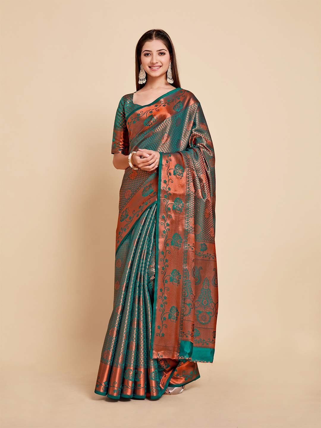 

MIMOSA Teal & Copper-Toned Woven Design Zari Art Silk Kanjeevaram Saree