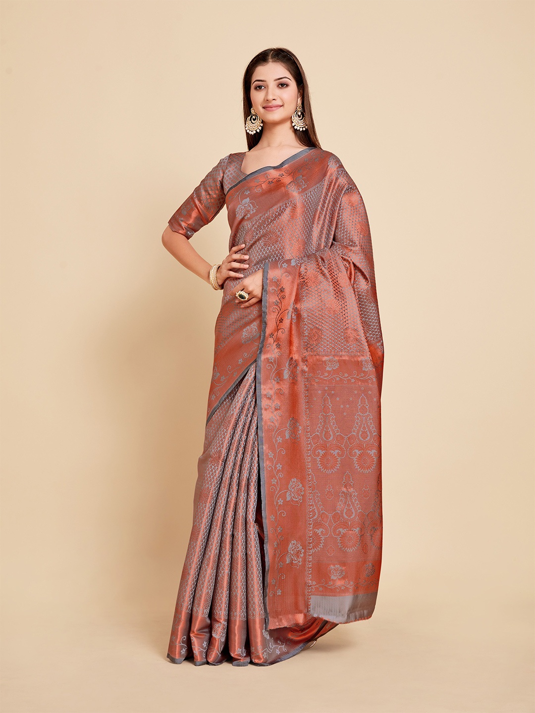 

MIMOSA Grey & Red Woven Design Zari Art Silk Kanjeevaram Saree