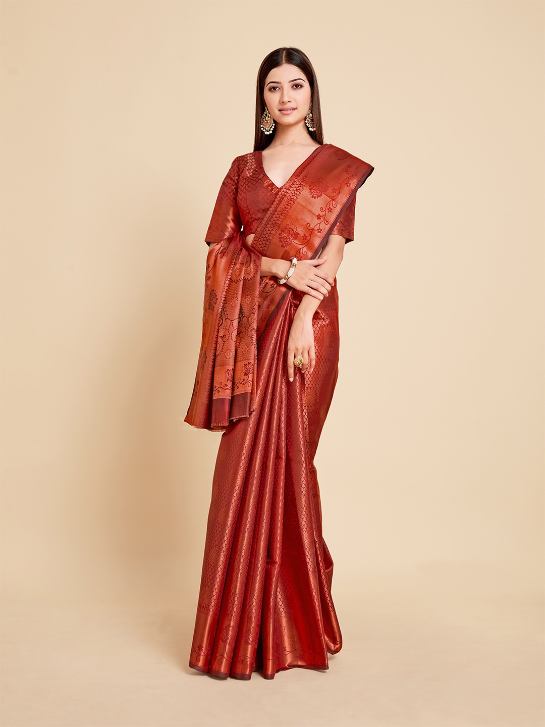 

MIMOSA Maroon & Copper-Toned Woven Design Zari Art Silk Kanjeevaram Saree