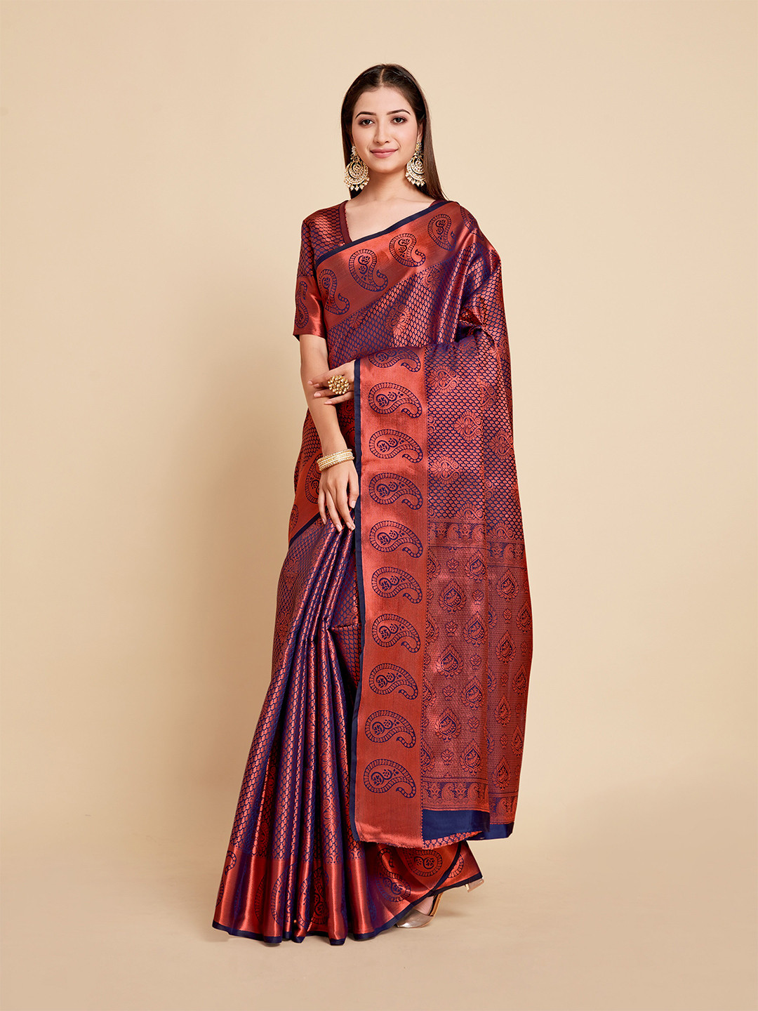 

MIMOSA Navy Blue & Copper-Toned Paisley Zari Art Silk Kanjeevaram Saree