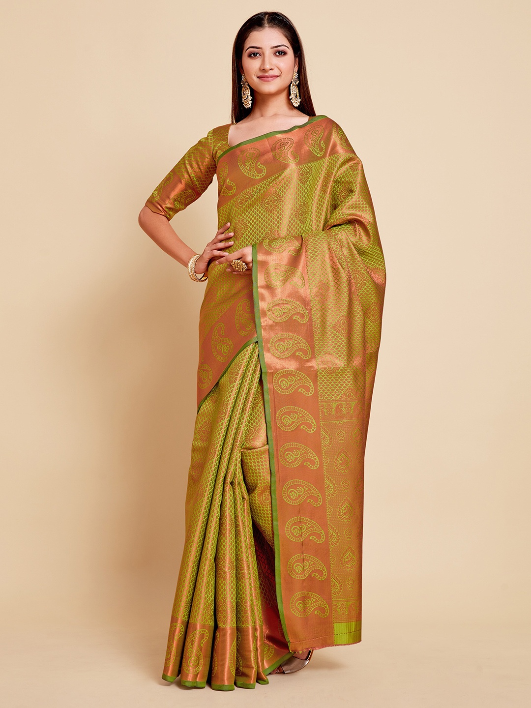 

MIMOSA Olive Green & Copper-Toned Ethnic Motifs Zari Art Silk Kanjeevaram Saree