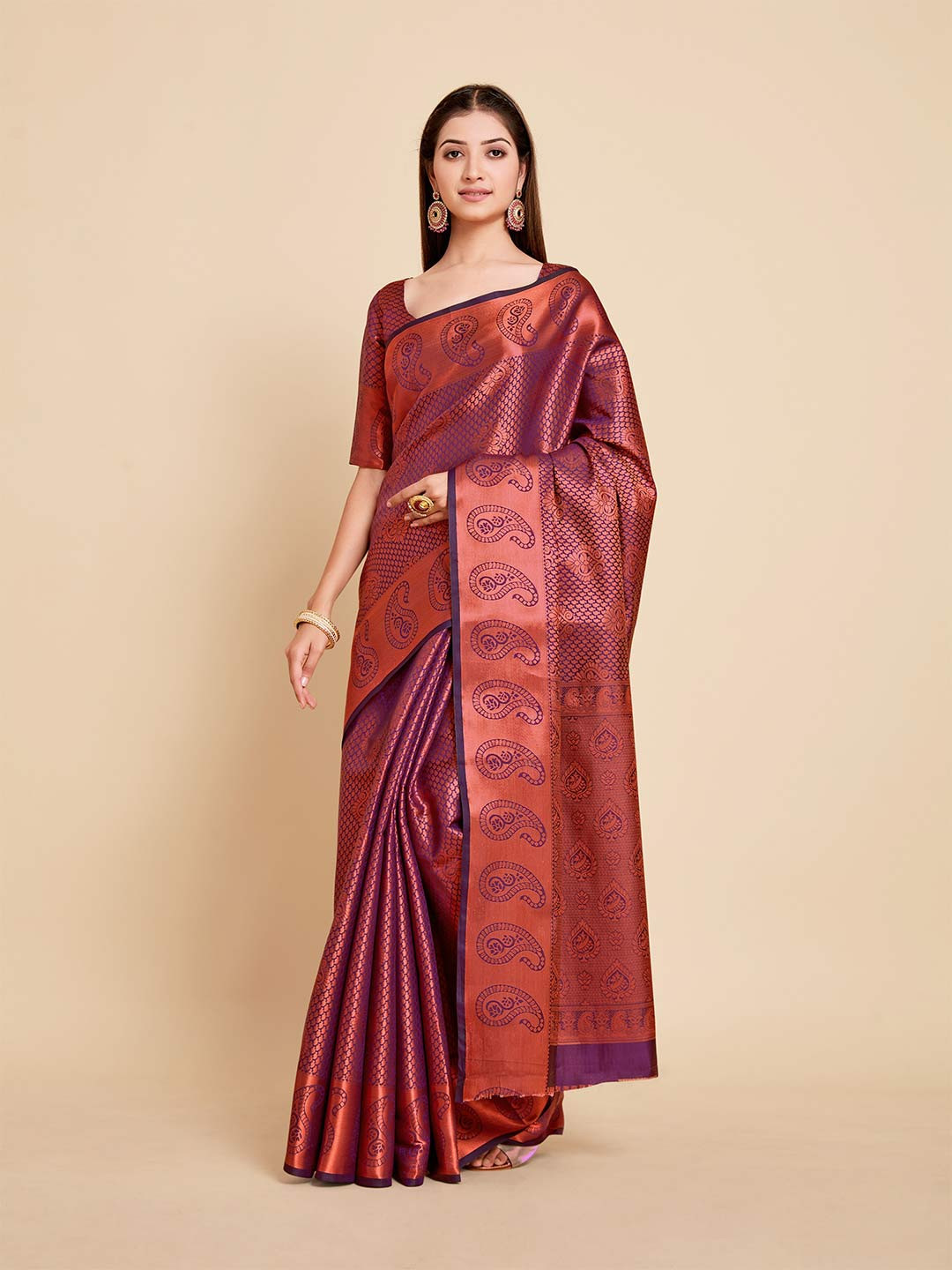 

MIMOSA Purple & Gold-Toned Ethnic Motifs Zari Art Silk Kanjeevaram Saree