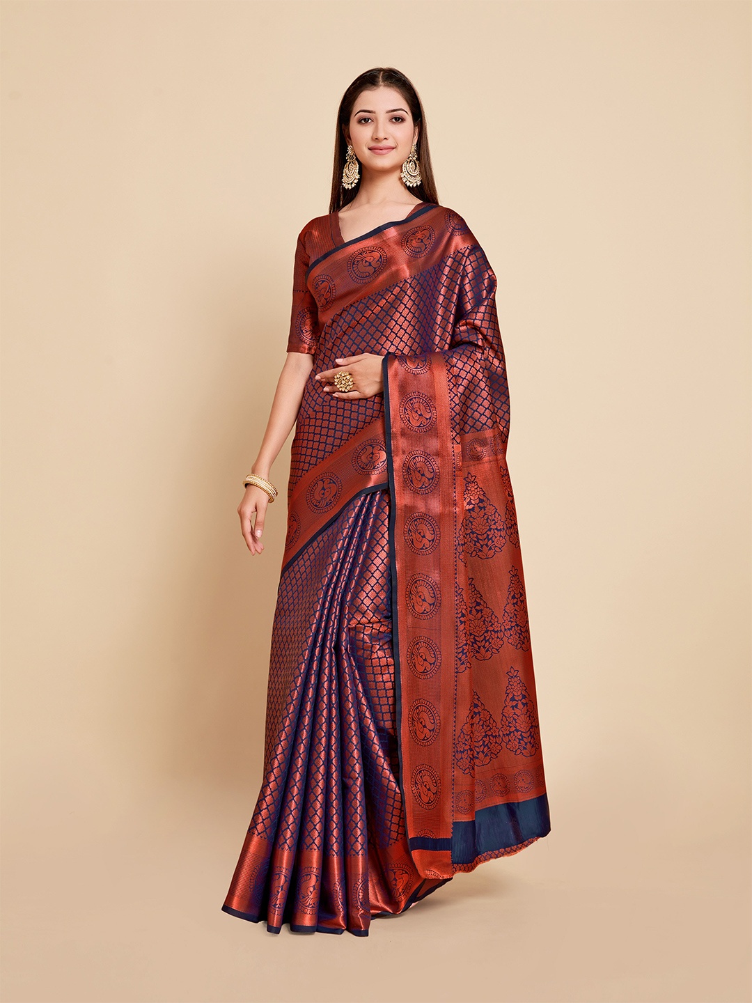 

MIMOSA Navy Blue & Copper-Toned Ethnic Motifs Zari Art Silk Kanjeevaram Saree