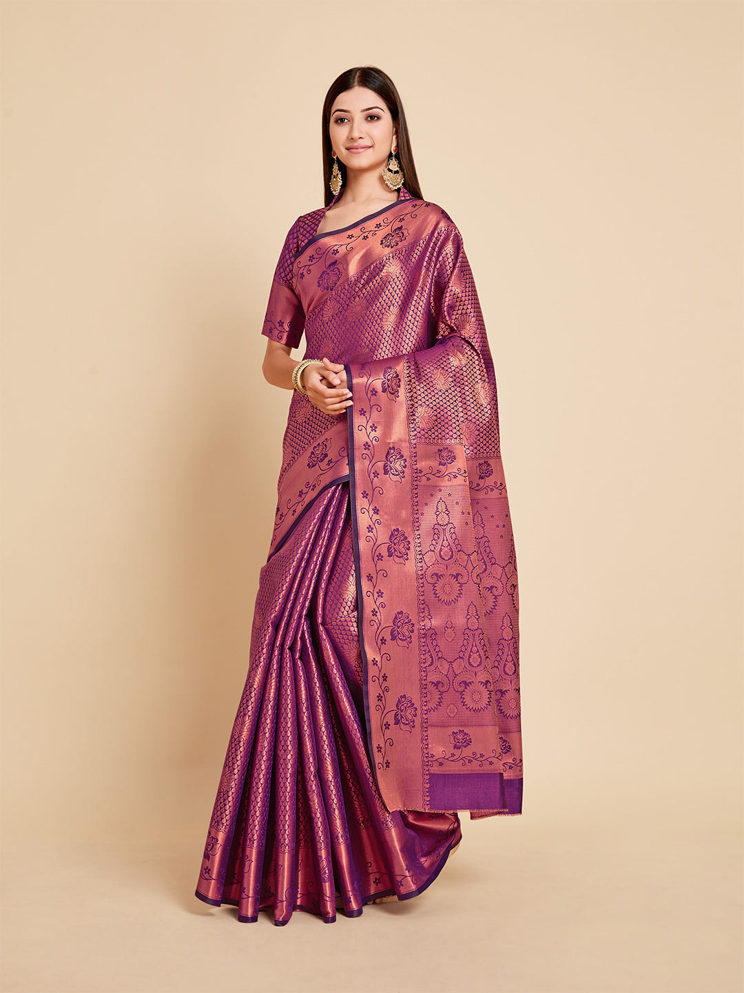 

MIMOSA Purple & Gold-Toned Ethnic Motifs Zari Art Silk Kanjeevaram Saree
