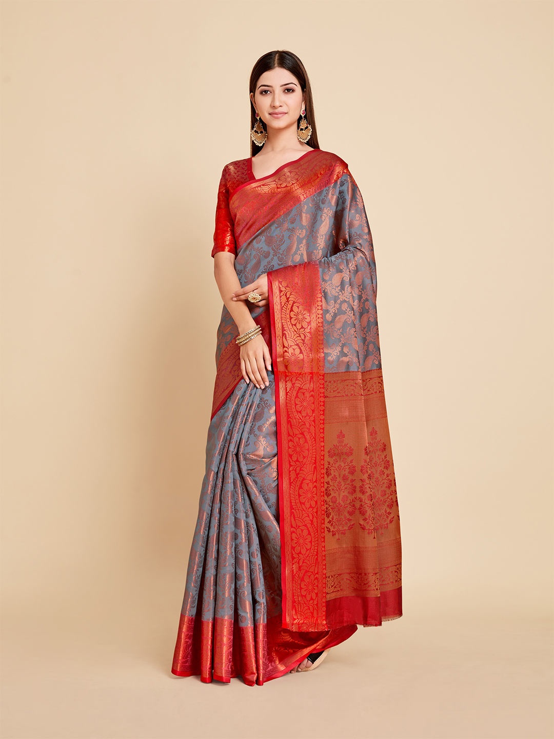 

MIMOSA Grey And Red Woven Design Zari Art Silk Kanjeevaram Saree