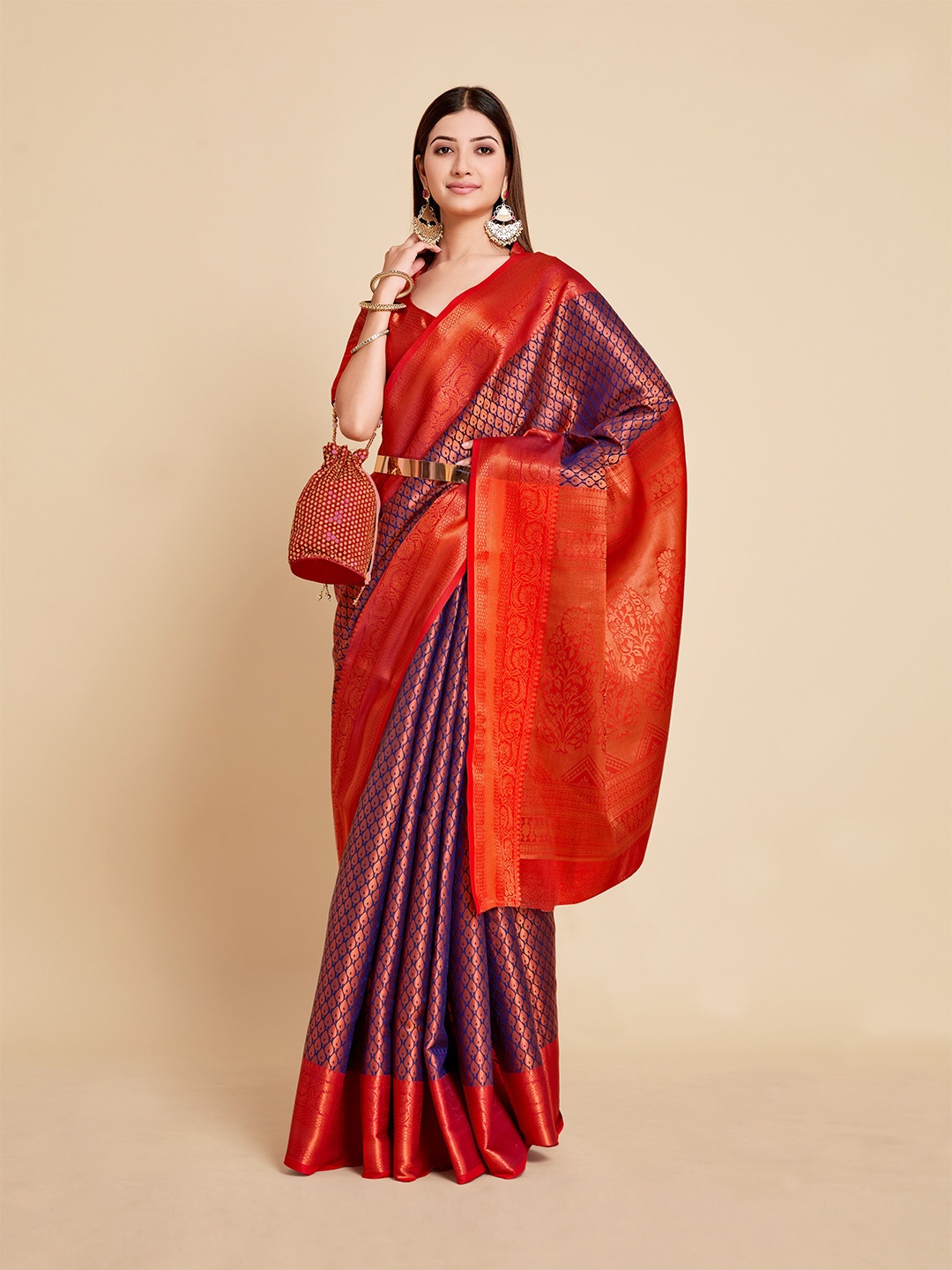 

MIMOSA Navy Blue And Orange Woven Design Zari Art Silk Kanjeevaram Saree