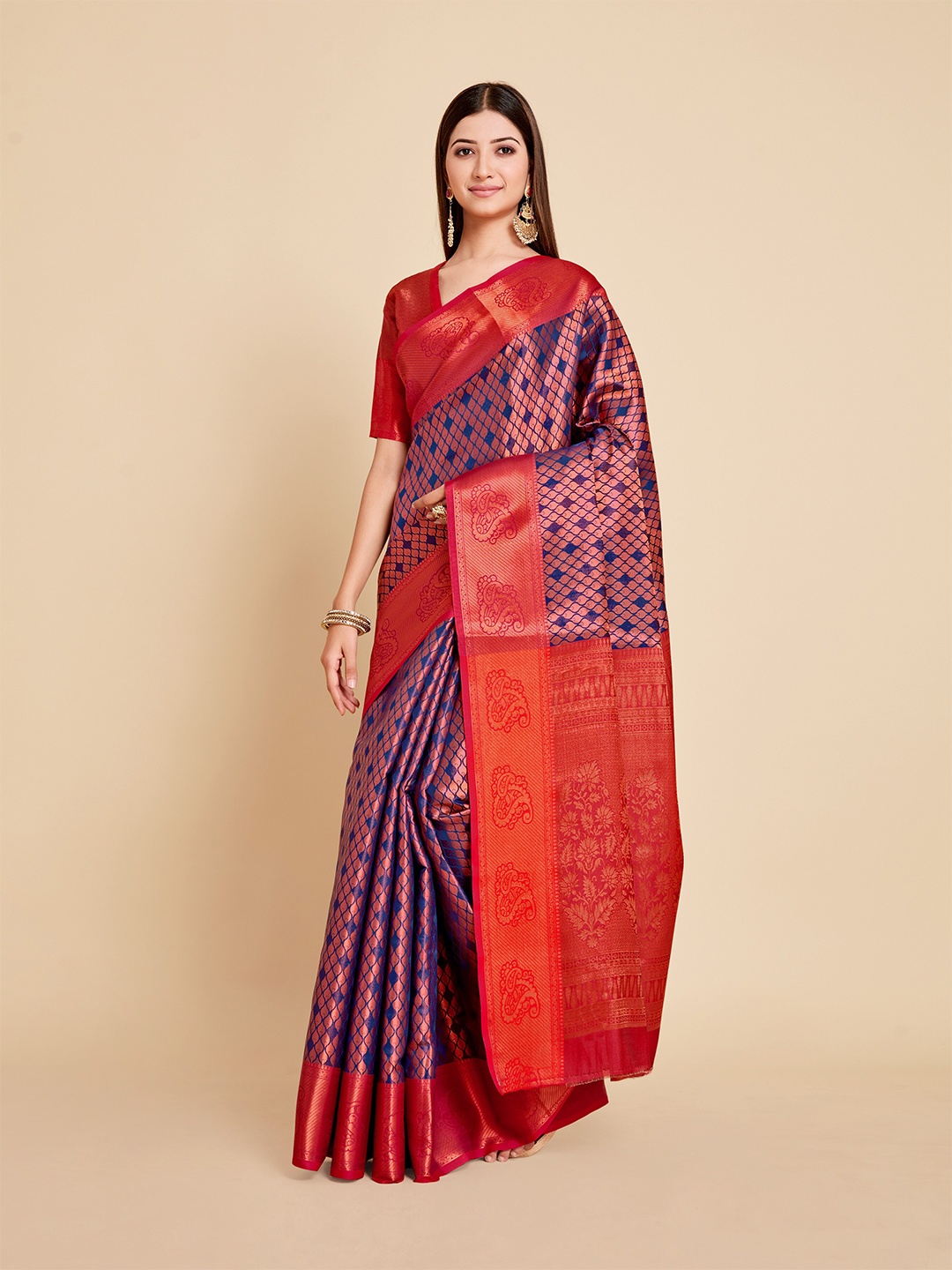 

MIMOSA Navy Blue & Red Woven Design Zari Art Silk Kanjeevaram Saree