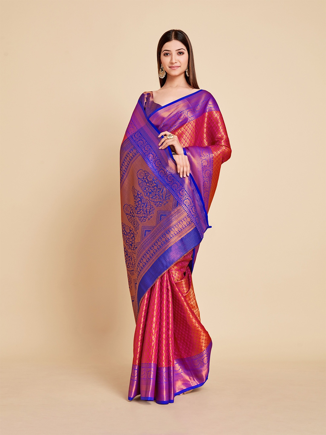 

MIMOSA Pink & Blue Floral Zari Art Silk Kanjeevaram Saree