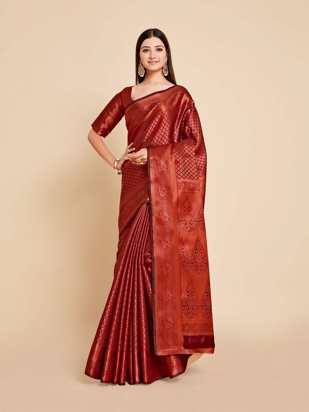 

MIMOSA Maroon & Gold-Toned Woven Design Zari Art Silk Kanjeevaram Saree