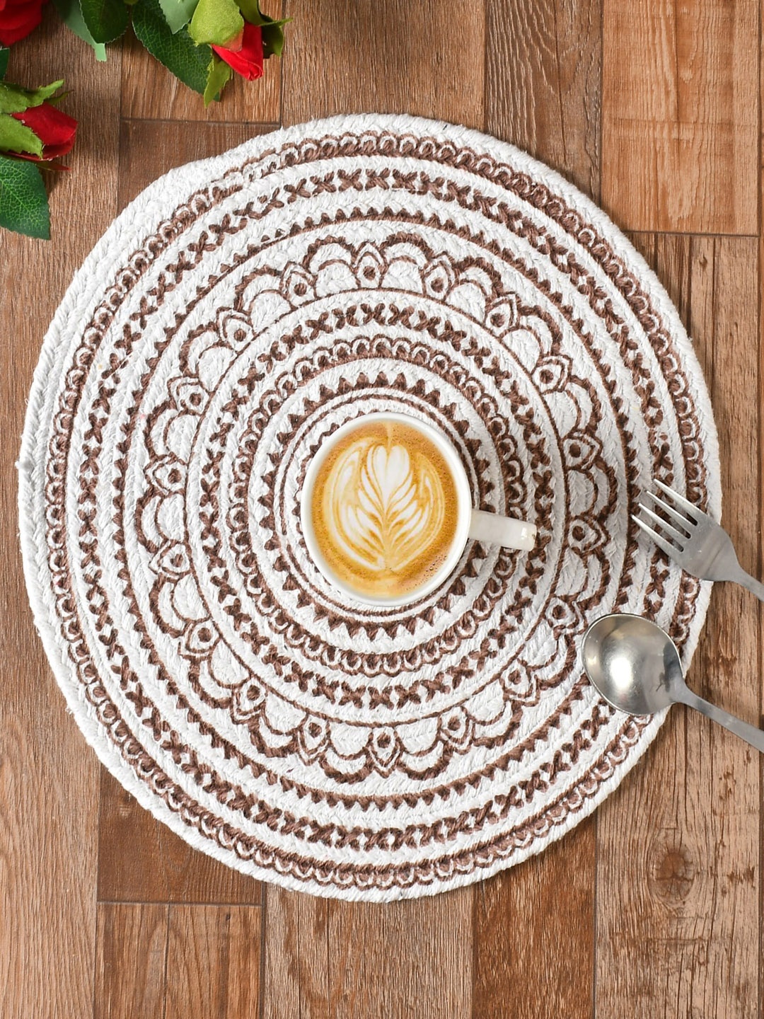 

Homefab India Set Of 4 Brown & White Printed Cotton Table Placemats
