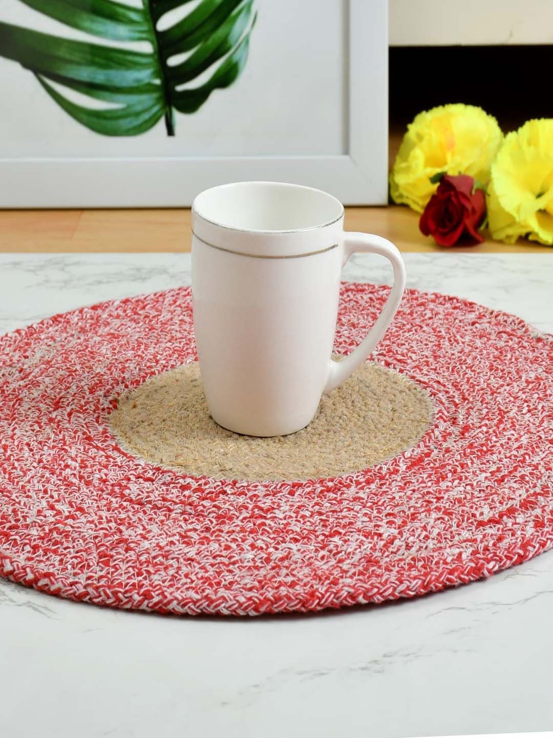 

Homefab India Set Of 4 Red & Beige Solid Round Table Placemats