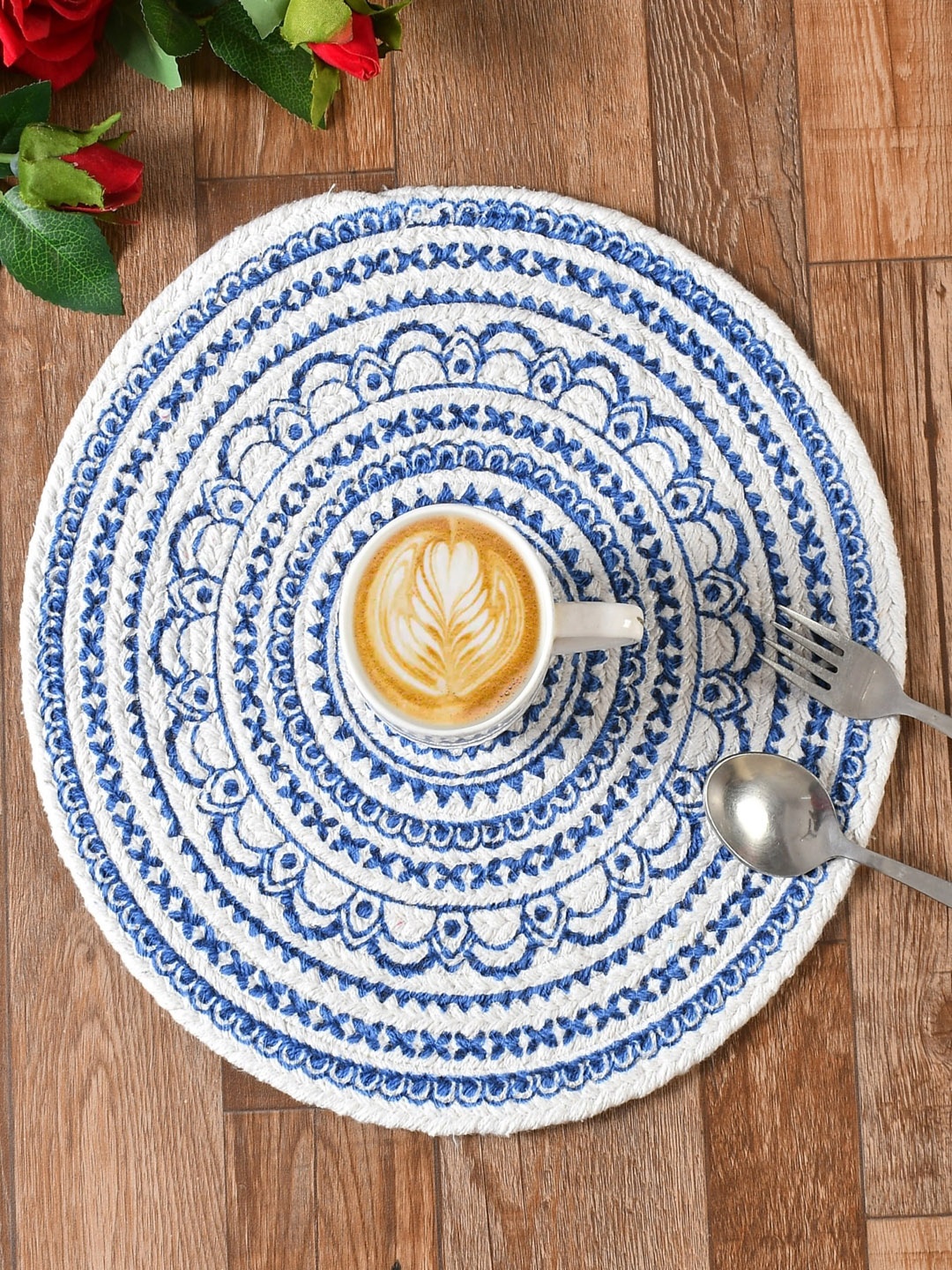 

Homefab India Set Of 6 Blue & White Printed Cotton Round Table Placemats