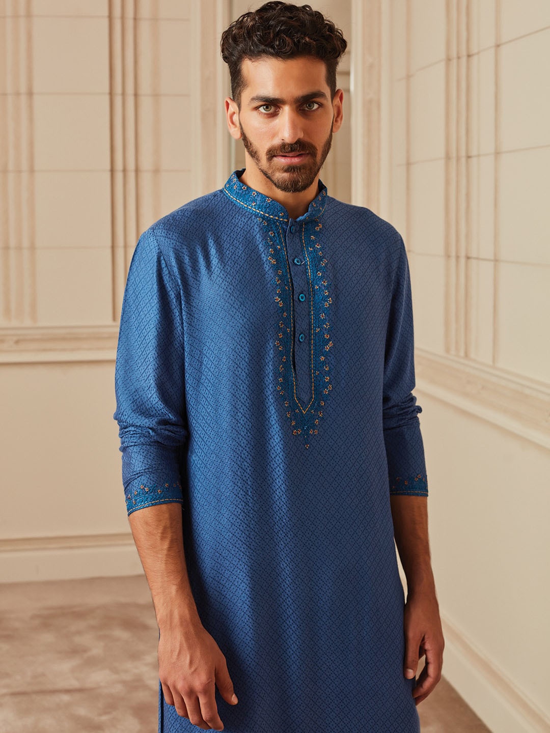 

Tasva Men Blue Jacquard Thread Work Kurta with Churidar