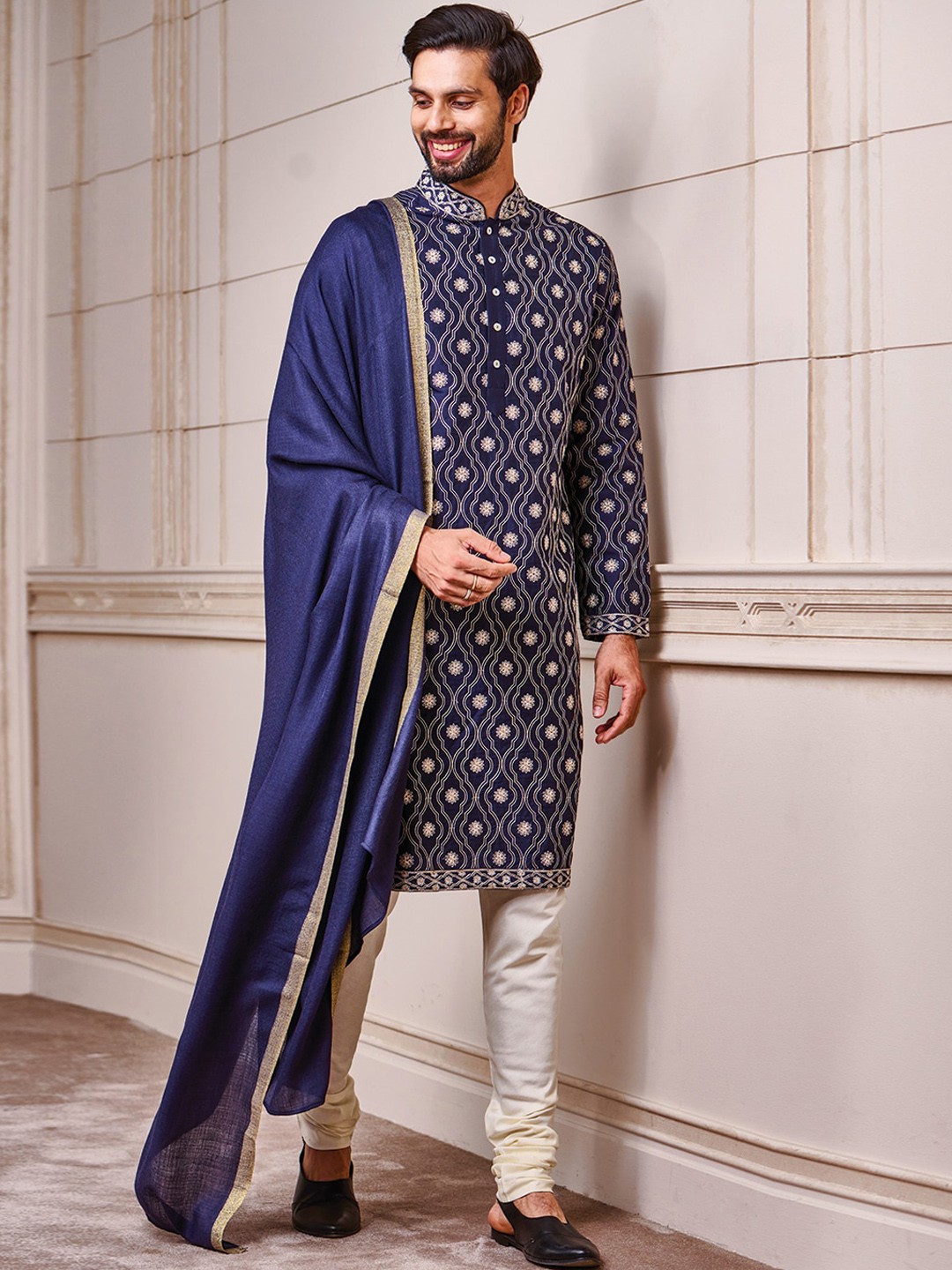 

Tasva Men Navy Blue Swarovski Crystals Embroidered Kurta with Churidar
