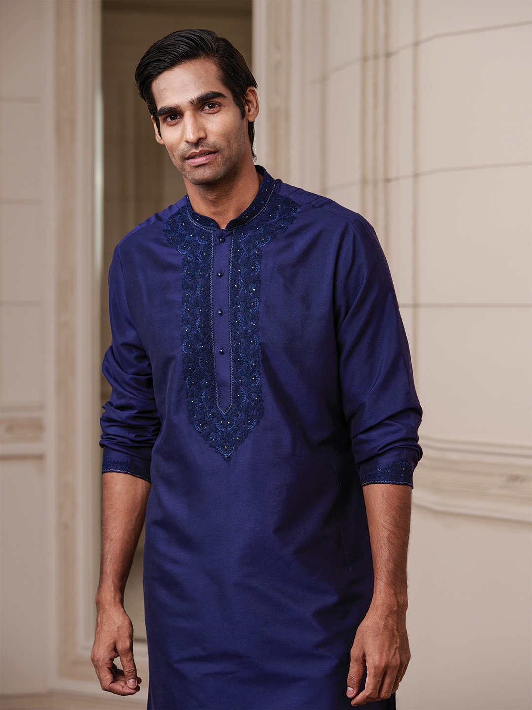 

Tasva Men Navy Blue Embroidered Yoke Design Kurta with Churidar