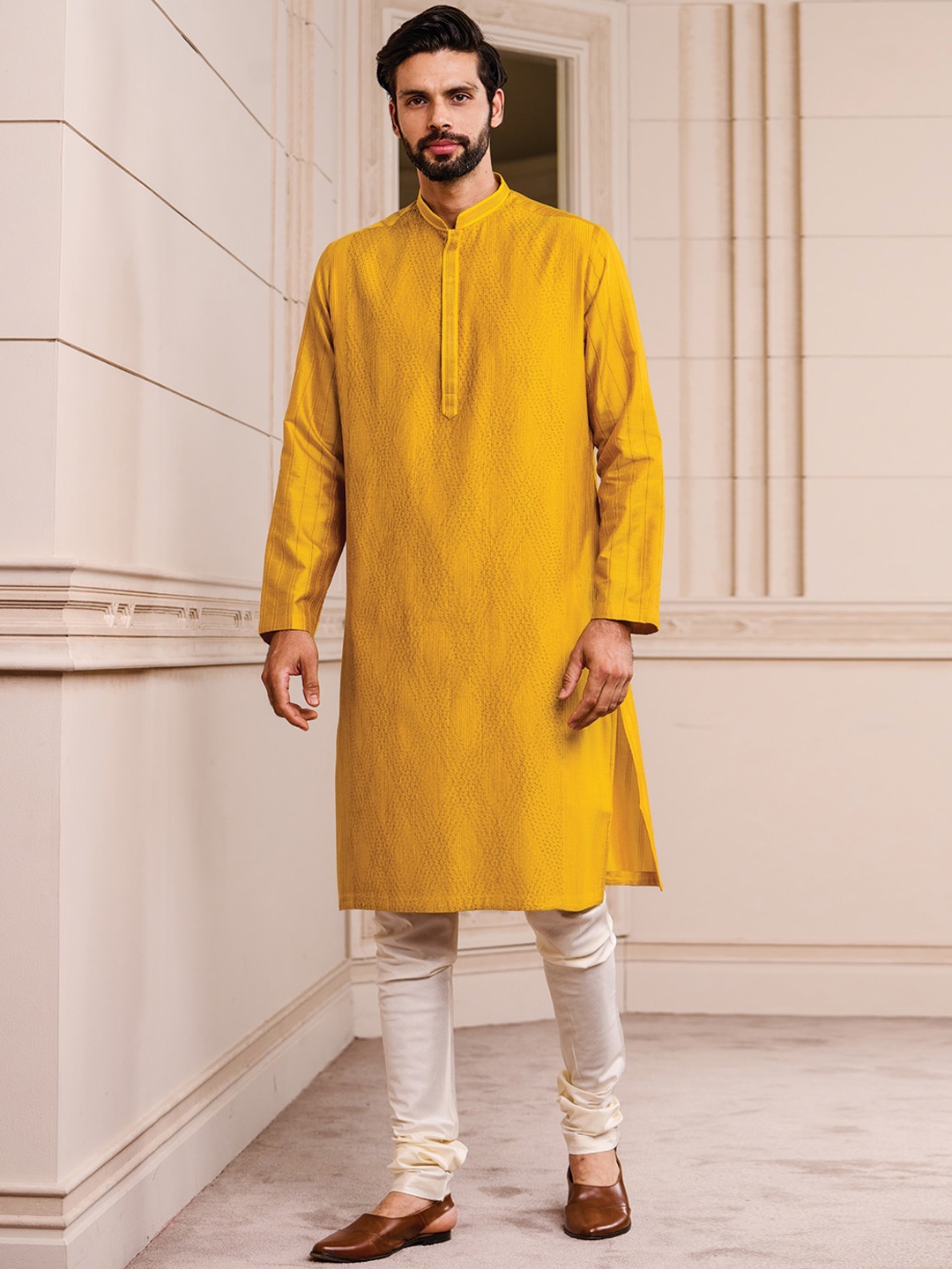 

Tasva Men Yellow & Cream Kurta with Churidar