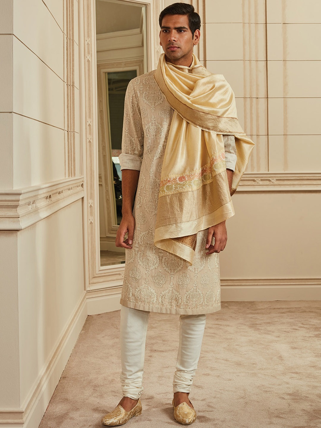 

Tasva Men Beige Ethnic Motifs Printed Cotton Kurta with Churidar