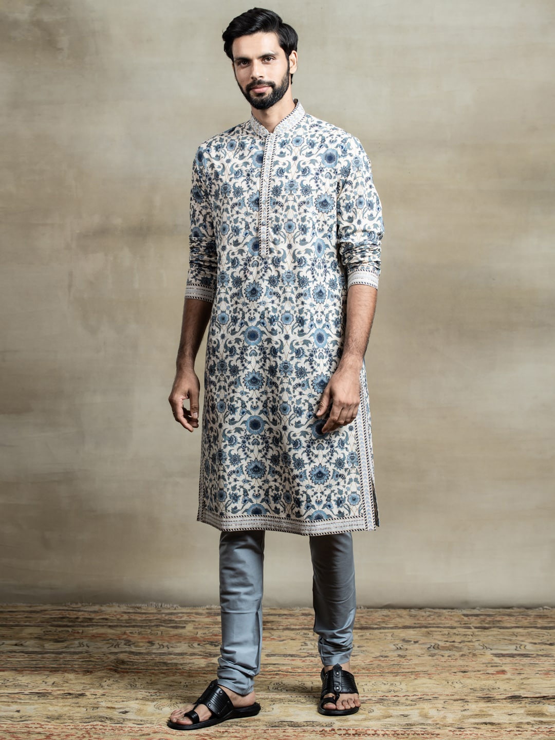 

Tasva Men Blue Floral Printed Pure Cotton Kurta Set with Churidar