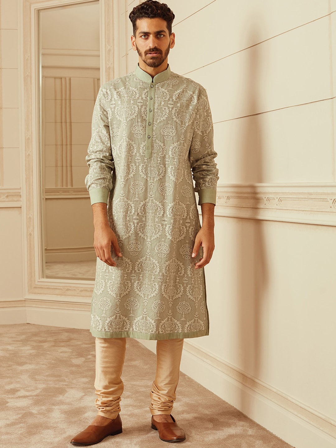

Tasva Men Cotton Jade Printed Kurta Set, Green