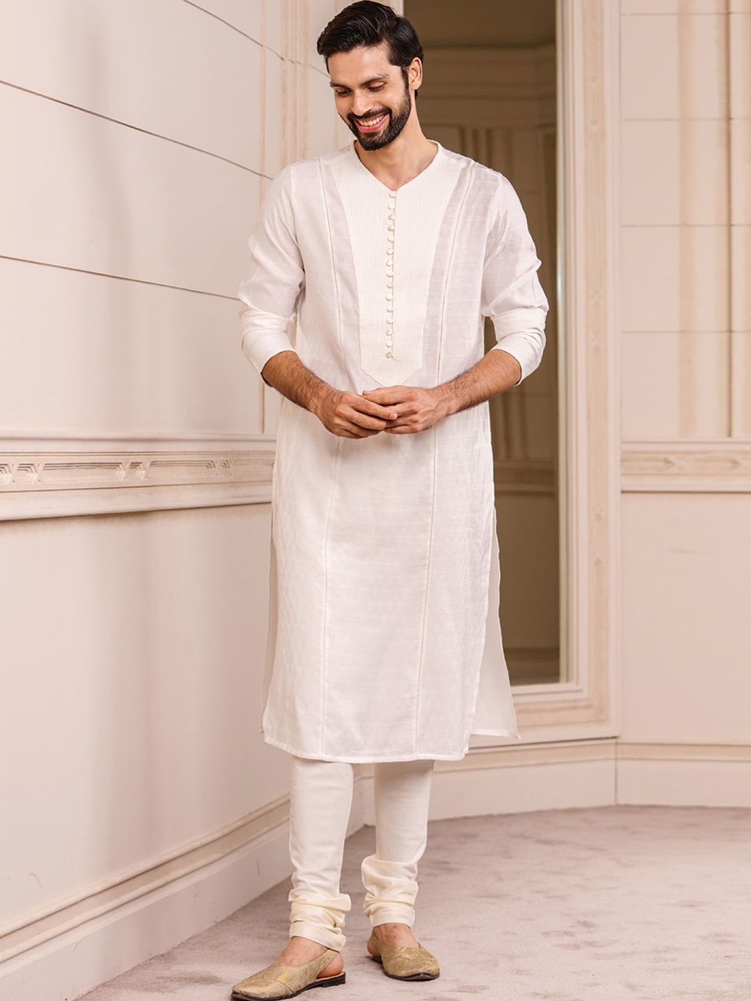 

Tasva Men Off White Yoke Design Jacquard Kurta with Churidar