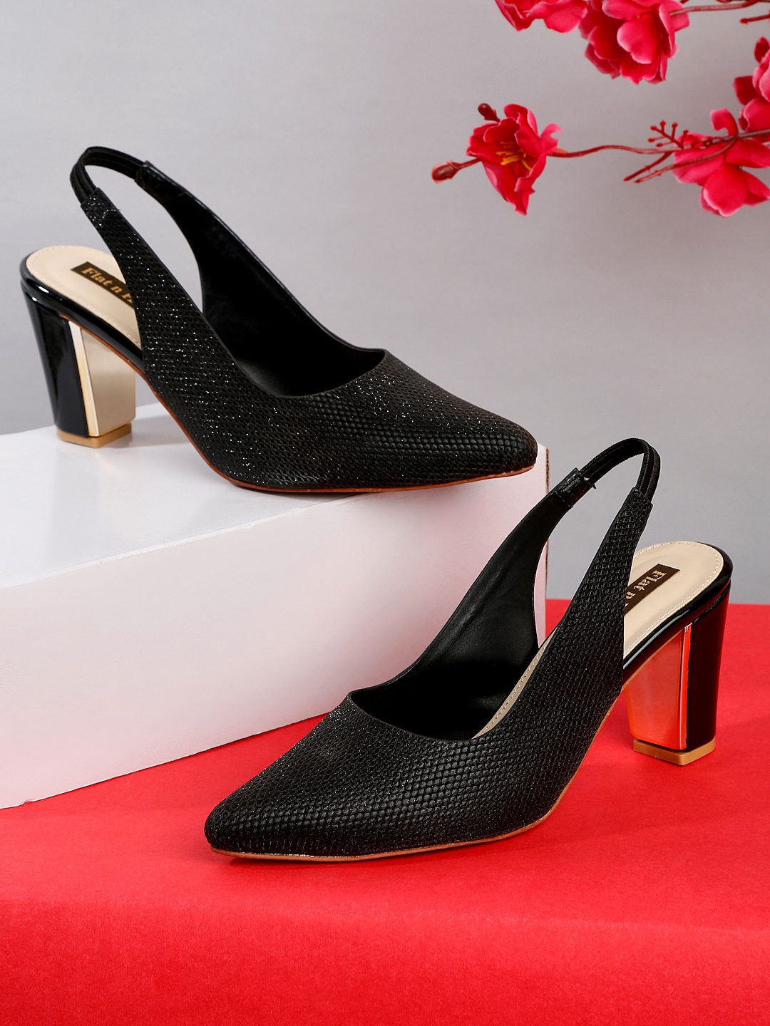 

Flat n Heels Women Black Block Embellished Pumps