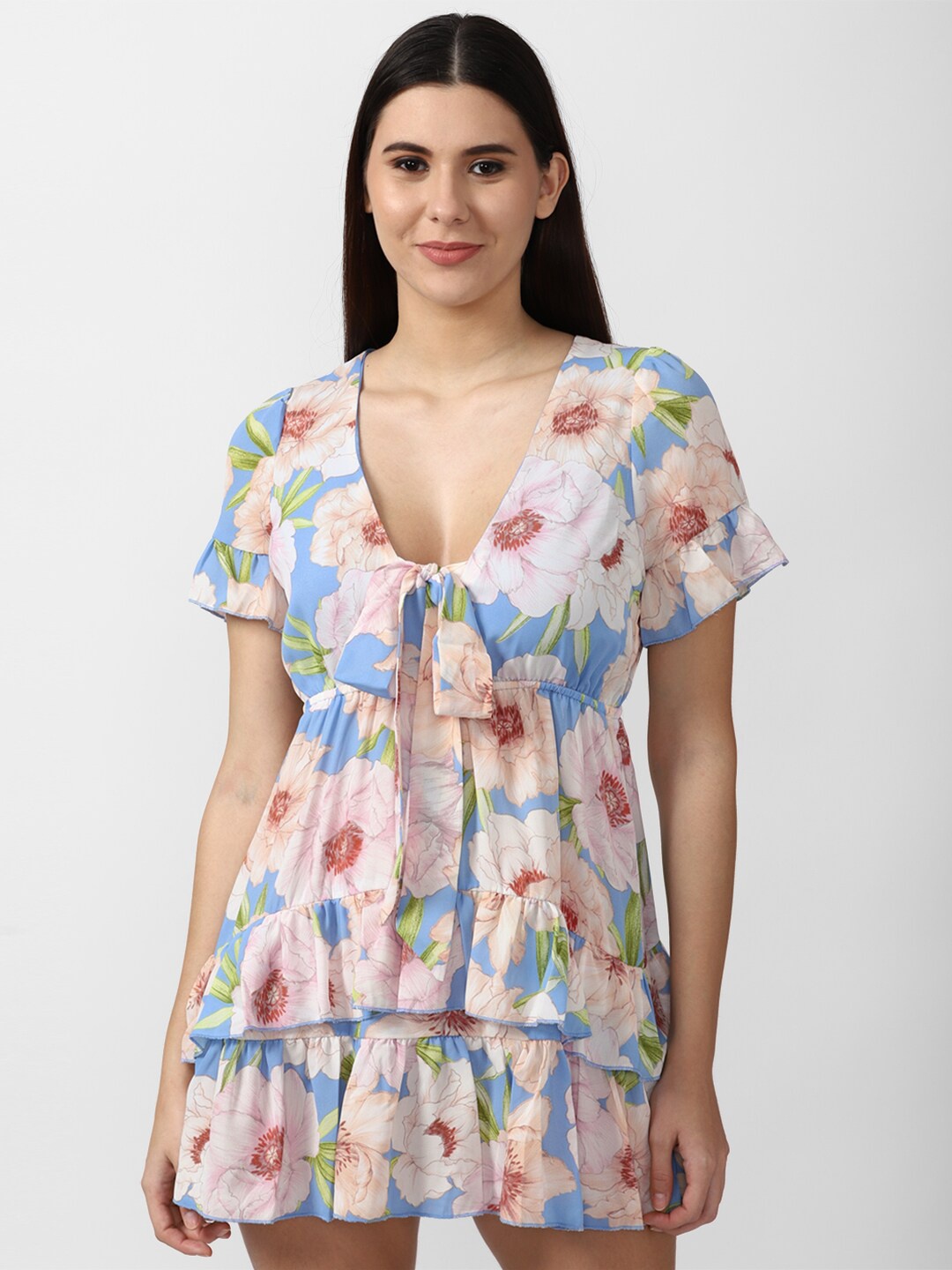 

FOREVER 21 Blue & Pink Floral Printed Empire Dress