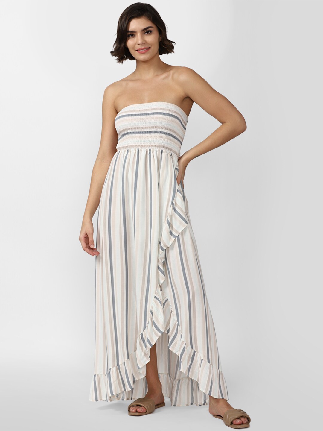 

FOREVER 21 Cream-Coloured Striped Printed Off -Shoulder Maxi Dress