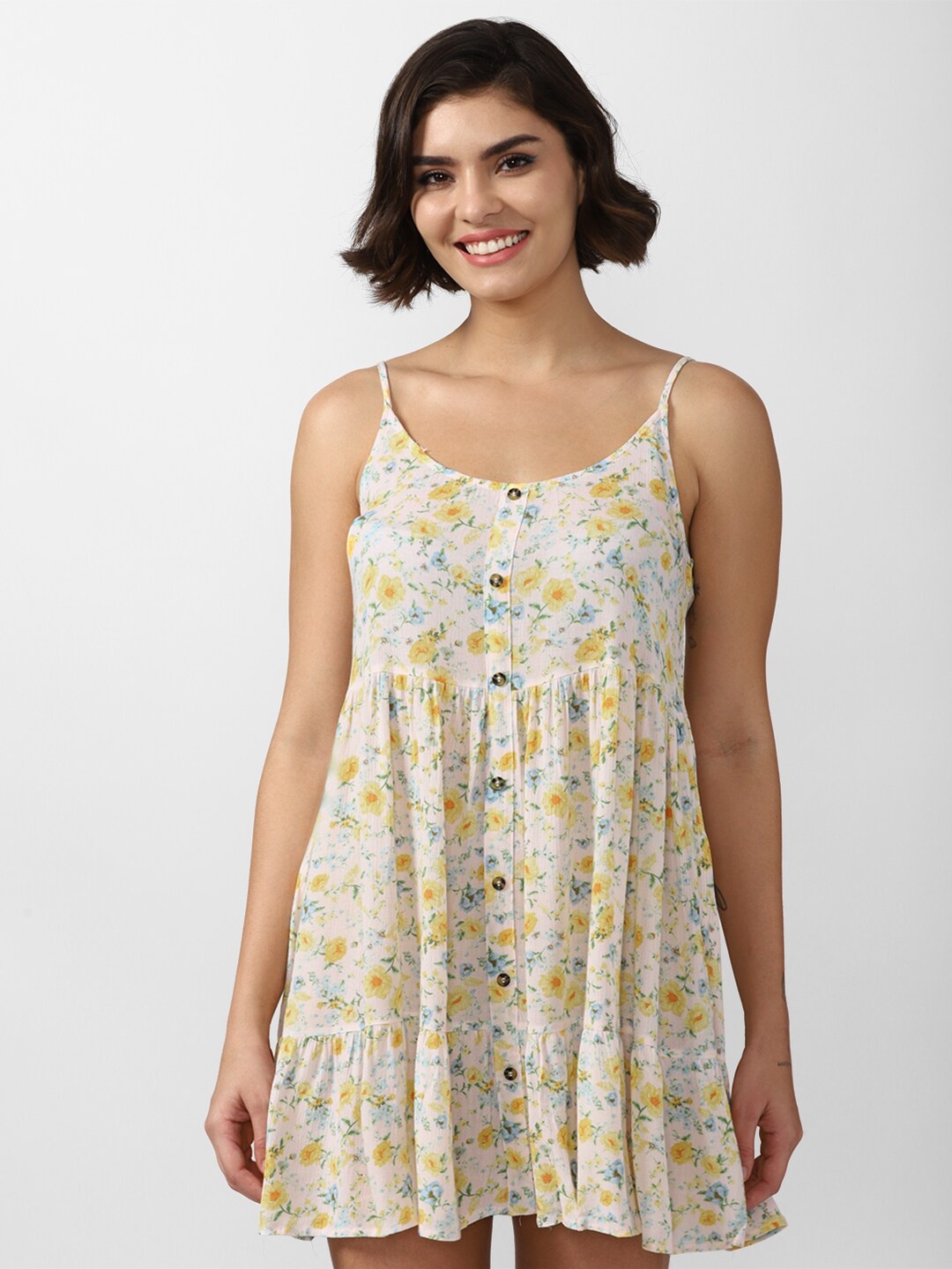 

FOREVER 21 Cream-Coloured Floral A-Line Dress