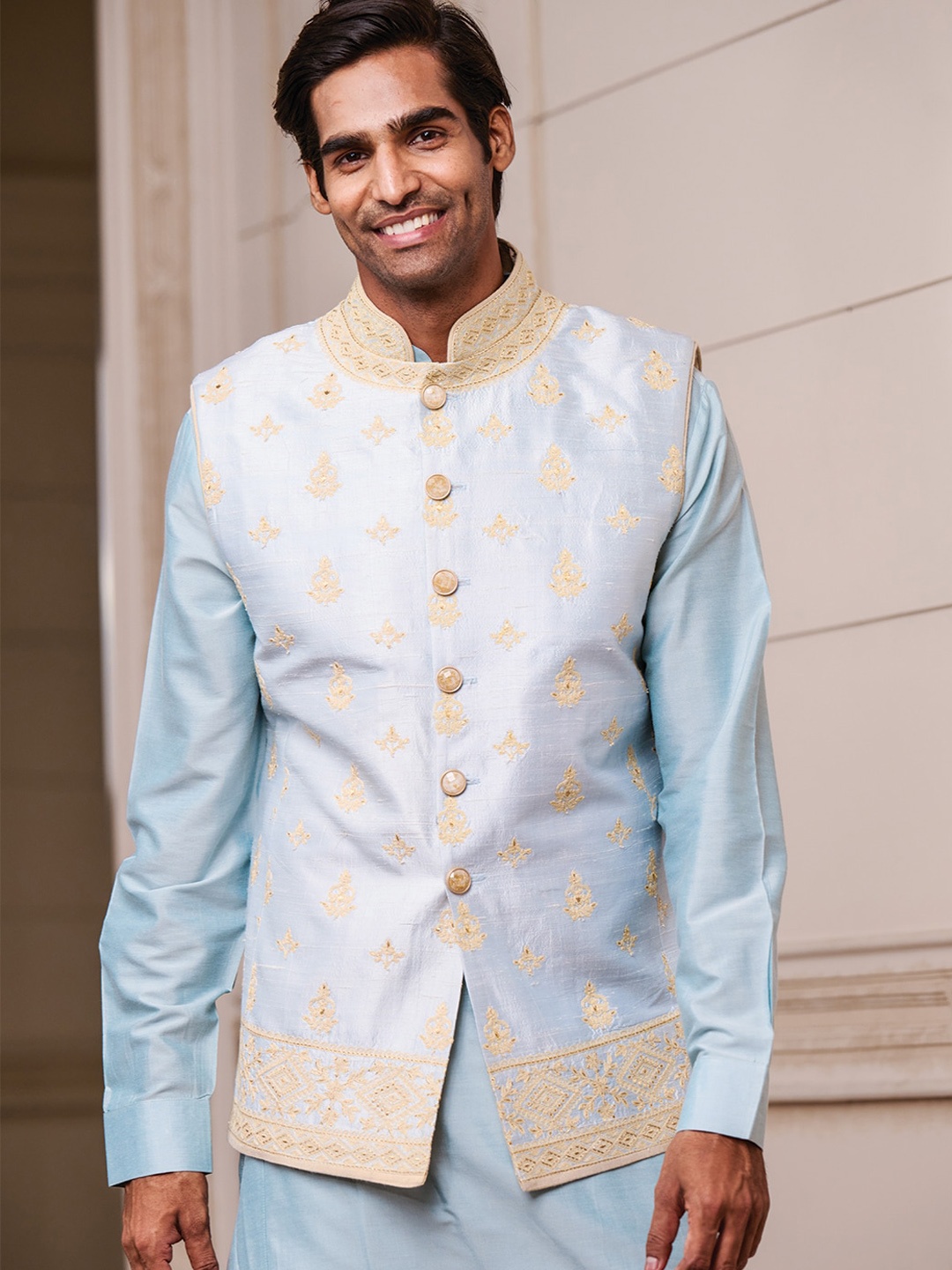 

Tasva Men Blue Pure Silk Kurta with Churidar & Embroidered Nehru Jacket