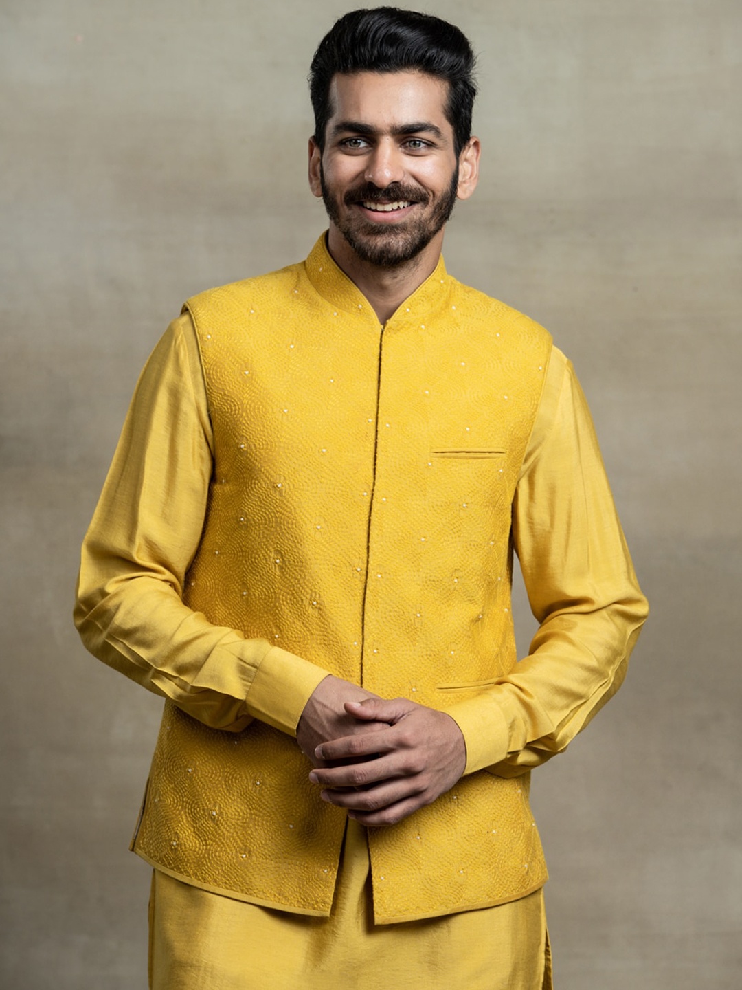 

Tasva Men Yellow Kurta with Churidar & Nehru Jacket
