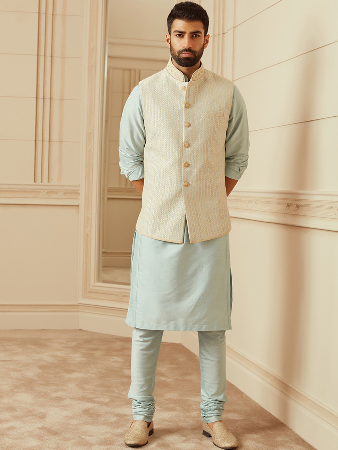 

Tasva Men Blue Pure Silk Kurta with Churidar & Embroidered Nehru Jacket
