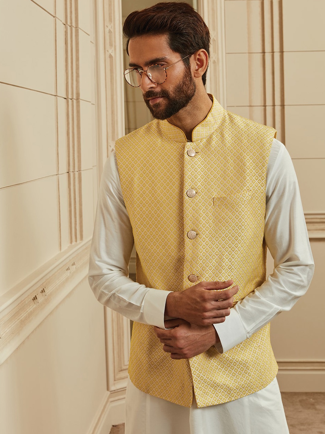 

Tasva Men Yellow & Off White Kurta & Churidar With Nehru Jacket