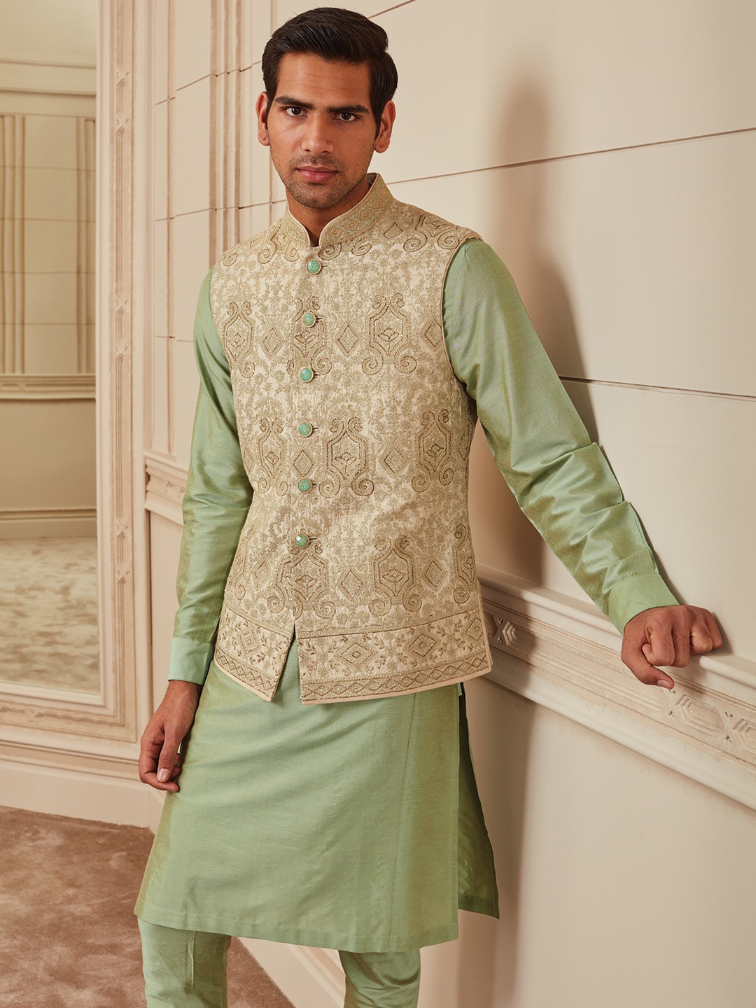 

Tasva Men Pure Silk Kurta with Churidar & Embroidered Bundi Jacket, Green