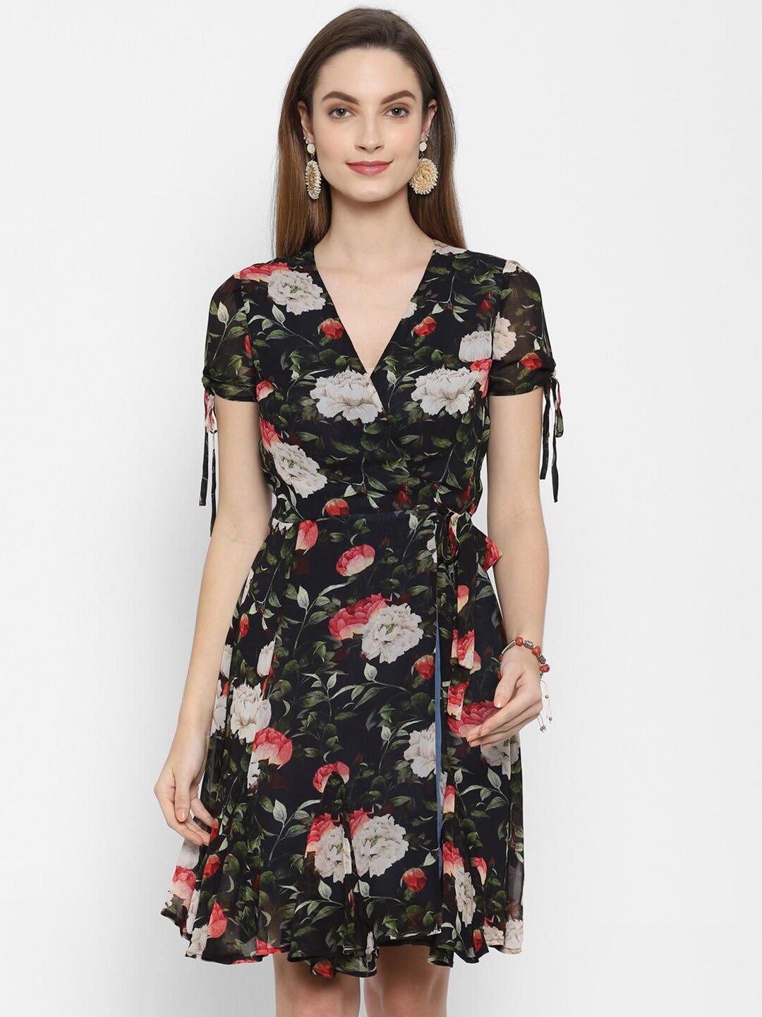 

VALBONE Black & Green Floral Wrap Dress