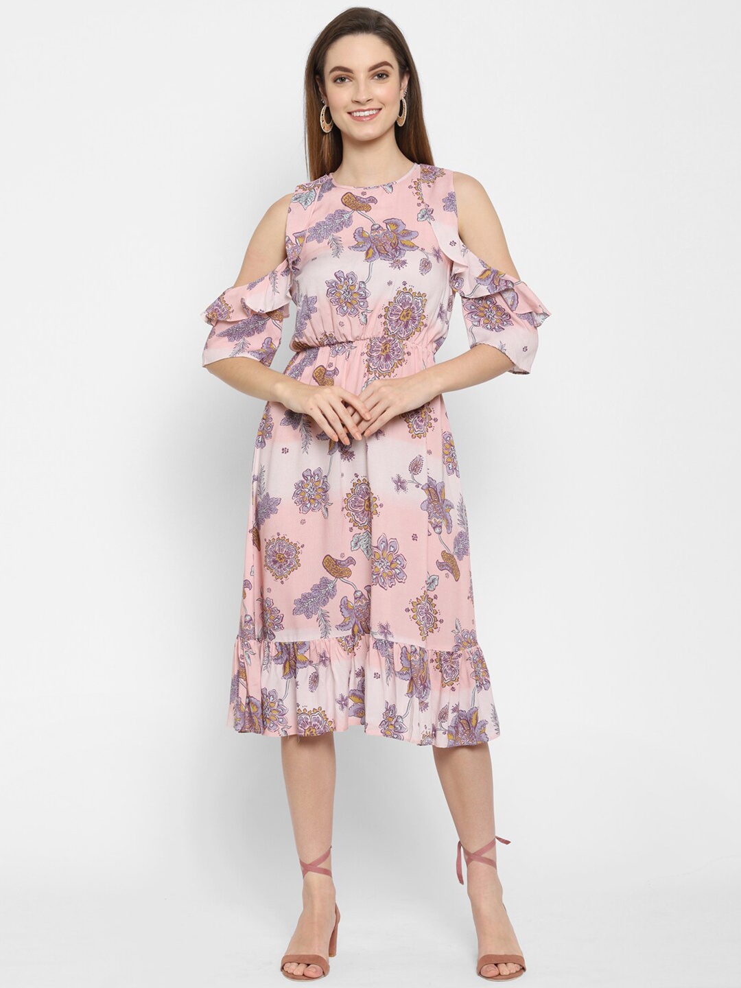 

VALBONE Women Peach-Coloured & Grey Floral Dress