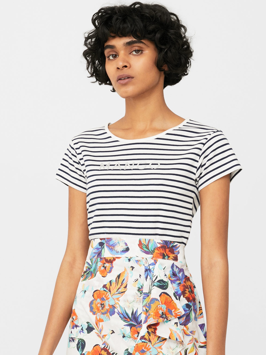

MANGO Women White Striped Round Neck T-shirt