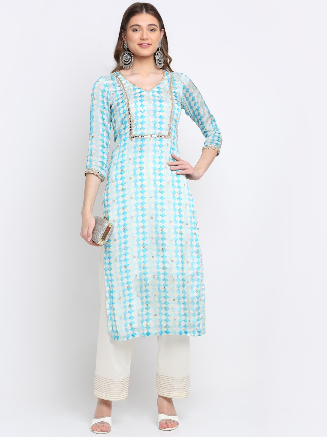

anokherang Women Blue Printed Mirror Work Kurta with Palazzo