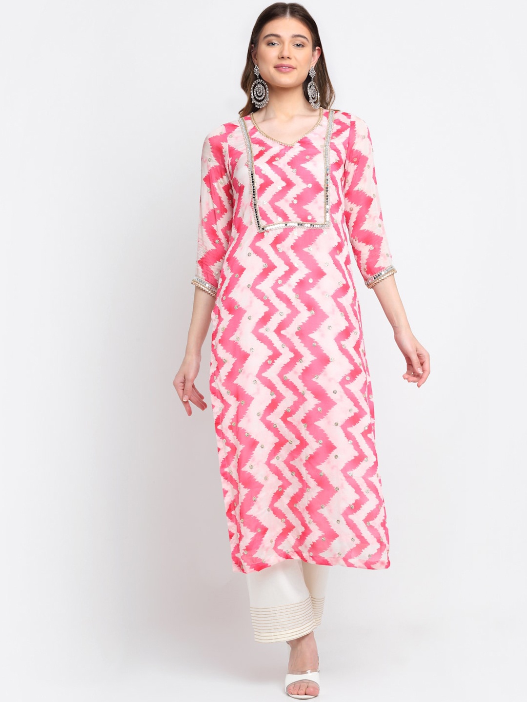

anokherang Women Pink Printed Mirror Work Kurta with Palazzo