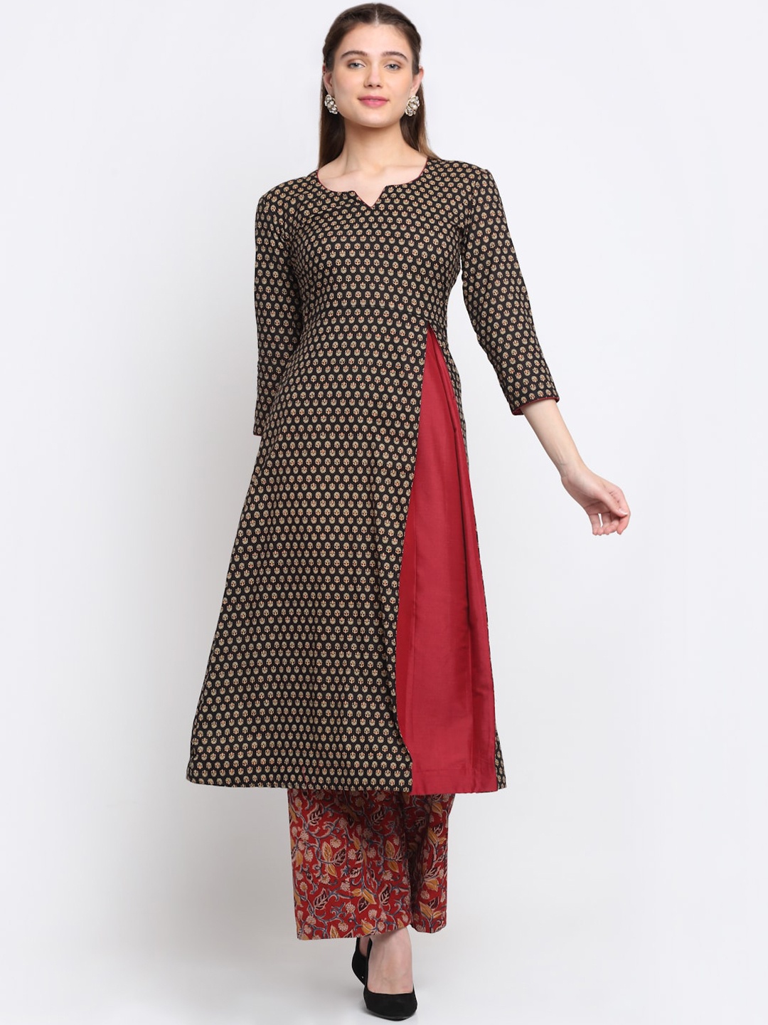 

anokherang Women Black Floral Printed Pure Cotton Kurta with Palazzo