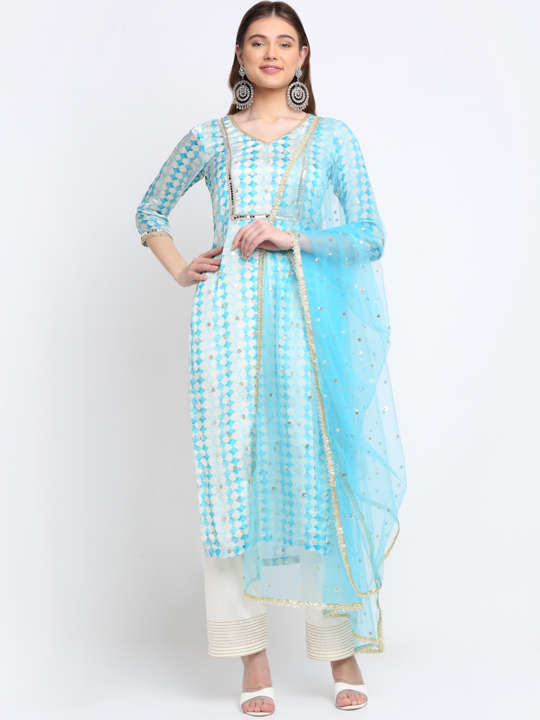 

anokherang Women Blue Printed Mirror Work Kurta with Palazzo & Dupatta