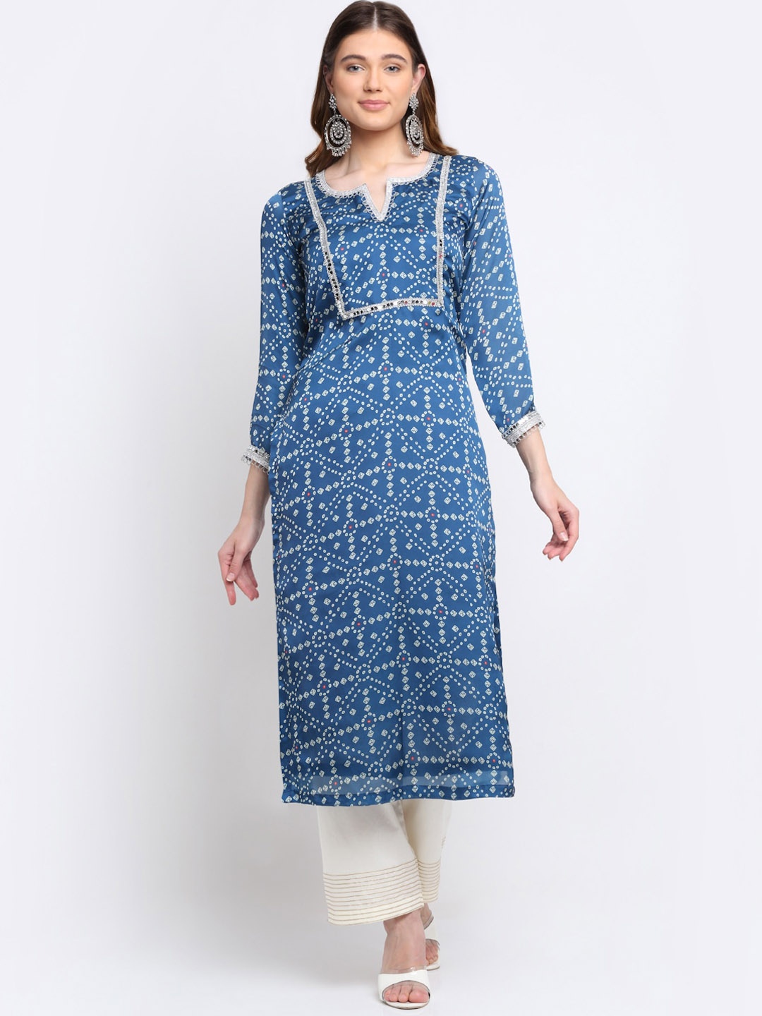 

anokherang Women Navy Blue Printed Mirror Work Kurta with Palazzo