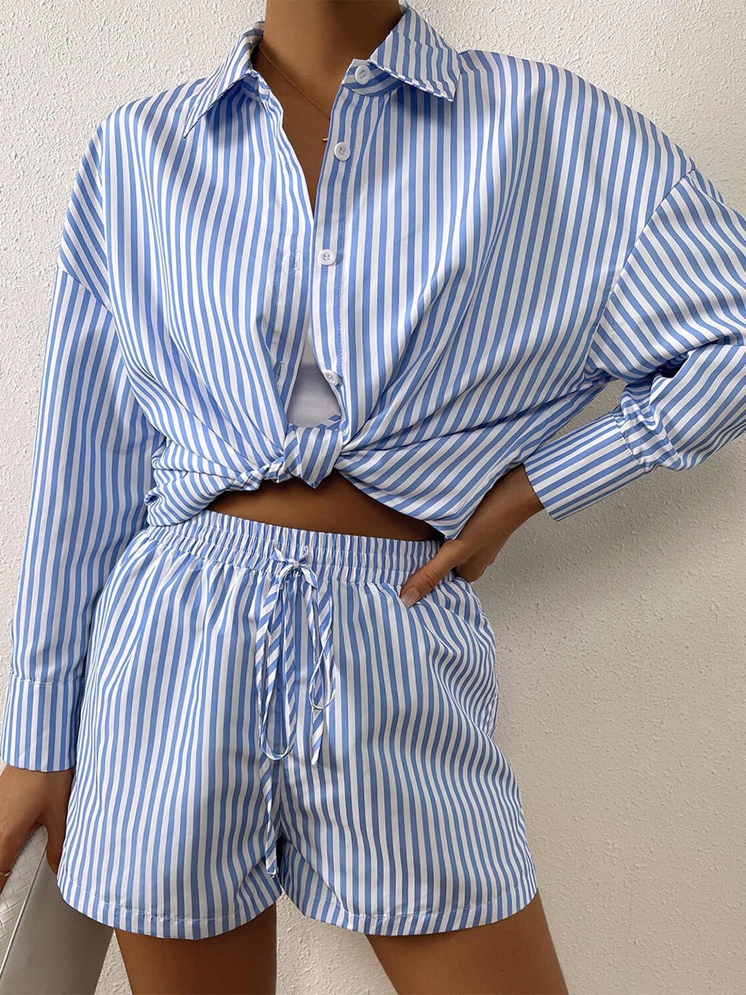 

BoStreet Women Blue & White Striped Shirt with Shorts
