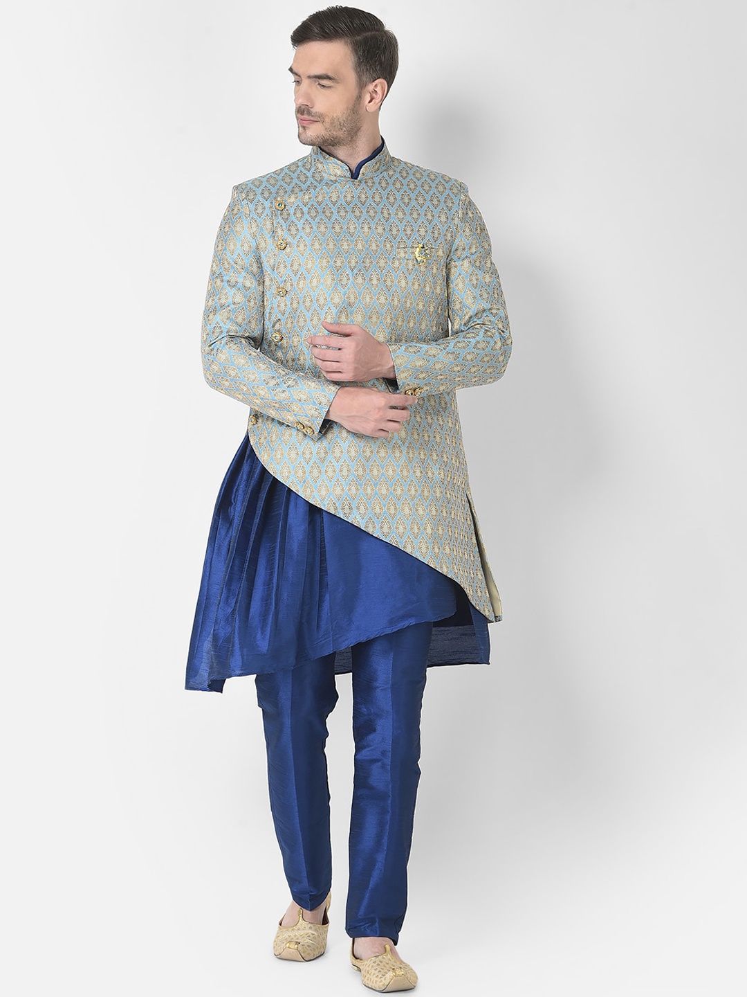 

SG RAJASAHAB Men Blue Angrakha Raw Silk Kurta with Trouser & Jacket