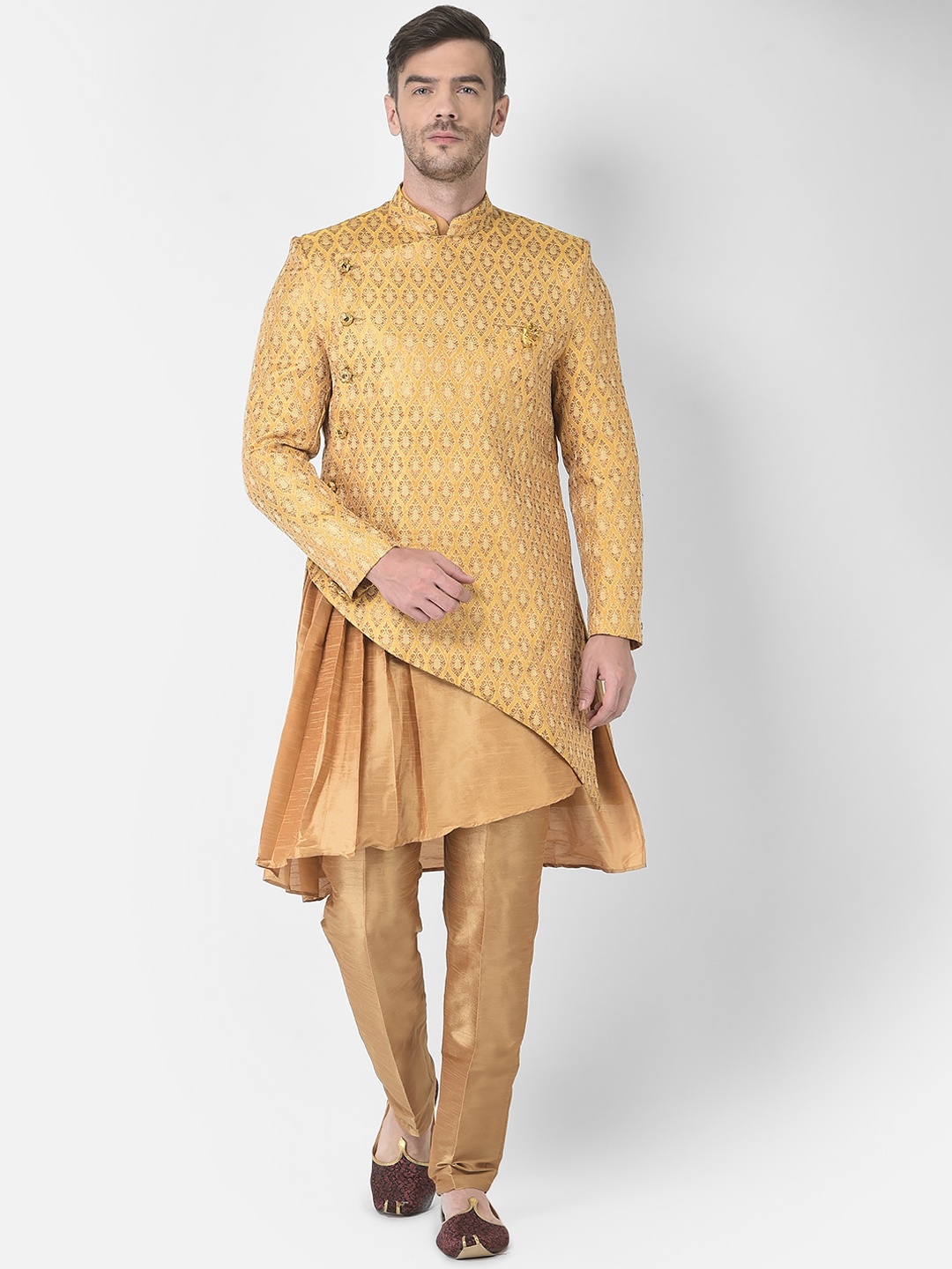 

SG RAJASAHAB Men Yellow Angrakha Raw Silk Kurta with Trousers & Jacket