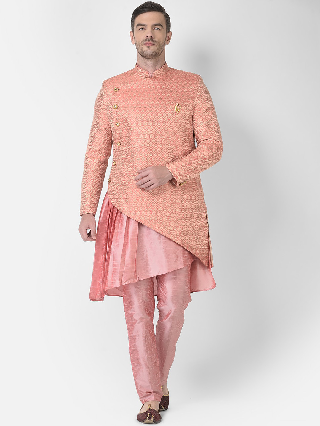 

SG RAJASAHAB Men Pink Angrakha Raw Silk Kurta with Trouser & jacket
