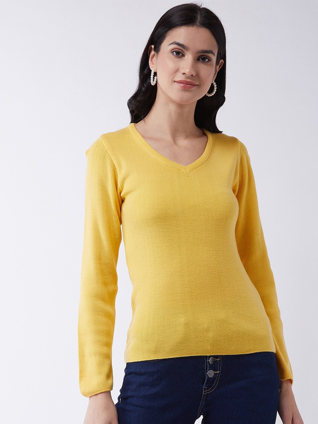 

RVK Women Yellow Ribbed Pullover