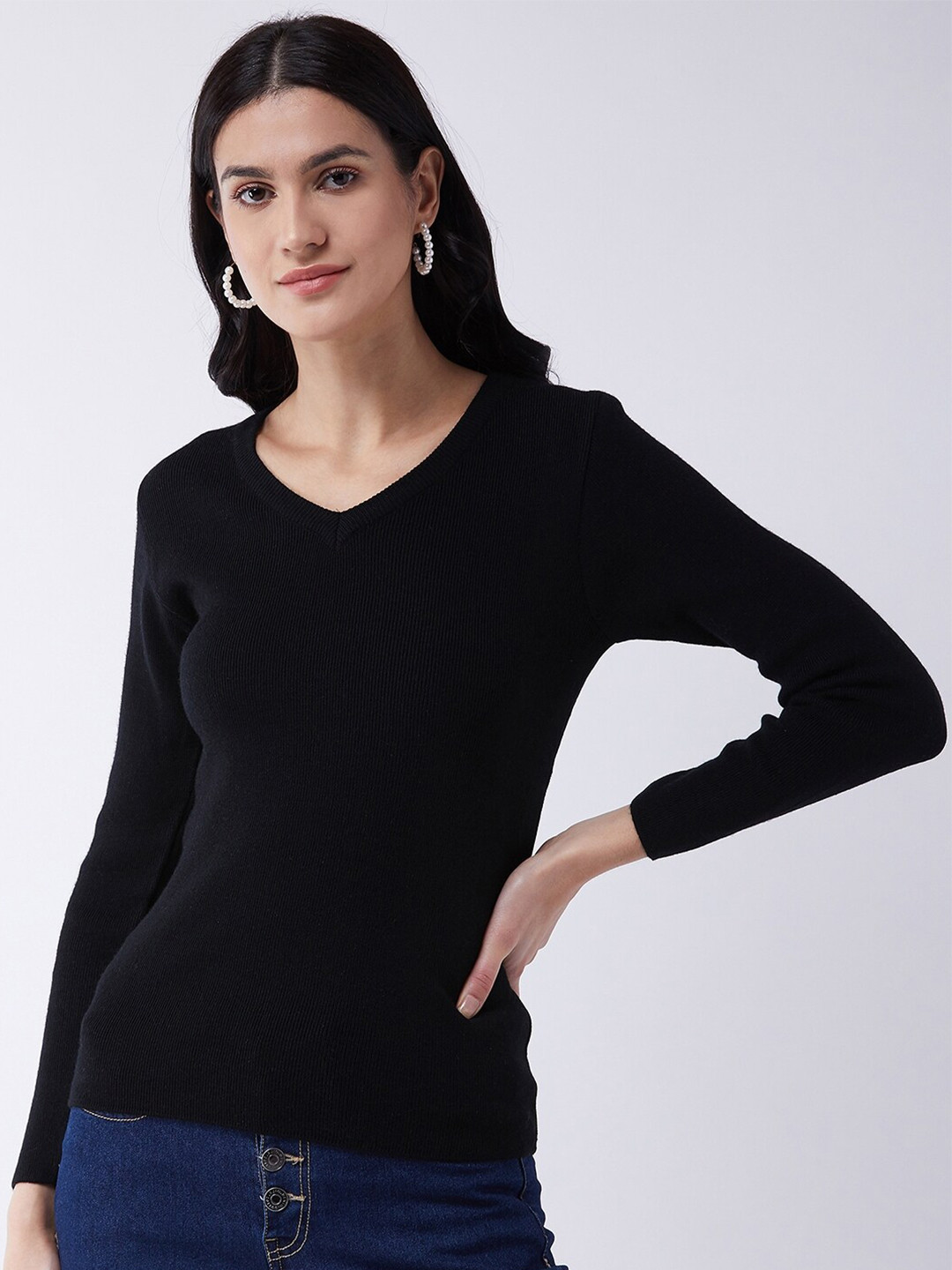 

RVK Women Black Ribbed Pullover